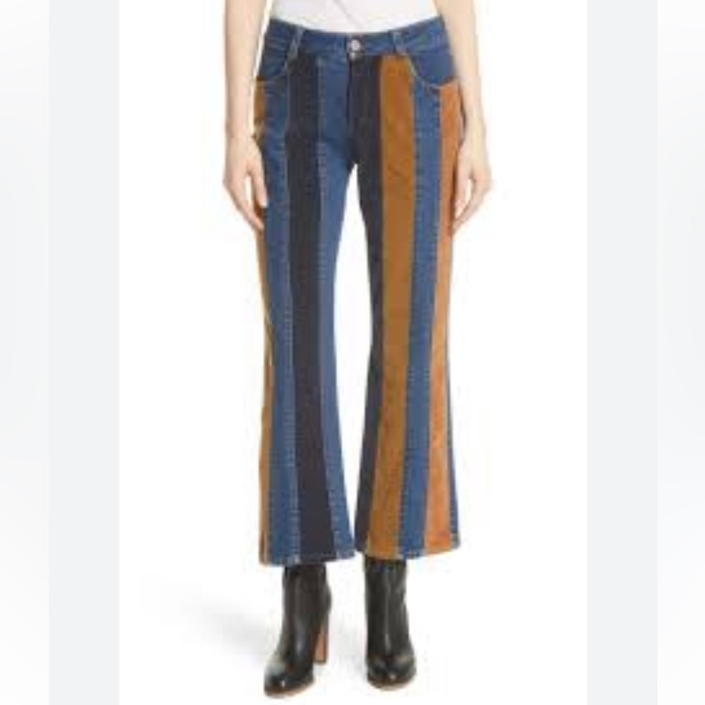 See by Chloe Leather Denim corduroy suede Paneled Flare Jeans Patchwork - Picture 2 of 13